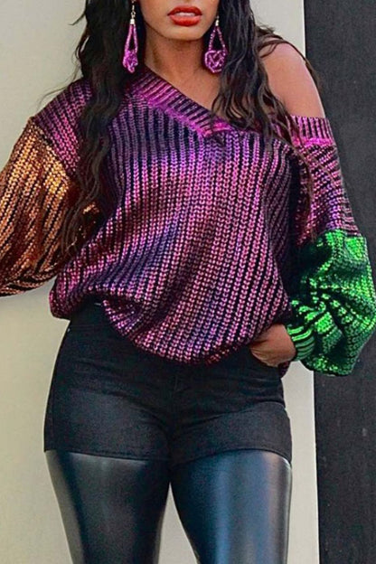 namcoverse Color Block Metallic Striking V Neck Sweater