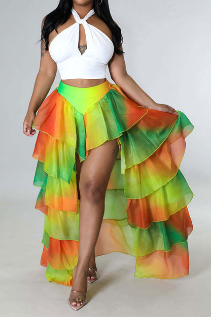 storexq Gradient Elegant Tiered Ruffle High Low Skirt