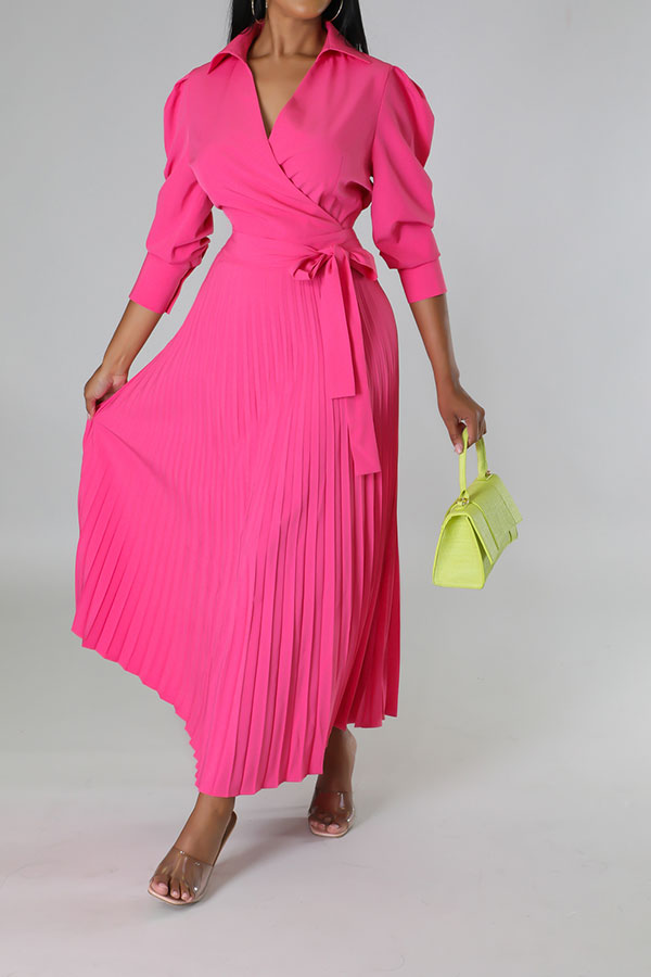 storexq Solid Color Commuting Belted Pleated Midi Dress