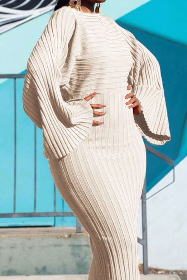 storexq Solid Color Ribbed Chic Batwing Sleeve Maxi Dress