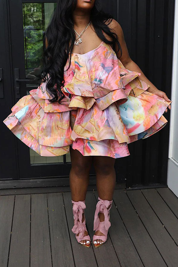 storexq Abstract Print Sweet Tiered Ruffle Mini Dress