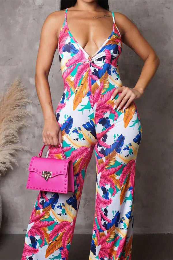 storexq Leaf Print Tropical Wide Leg Jumpsuit