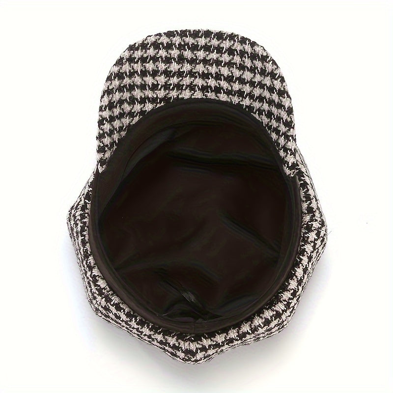 Chic Houndstooth Beret For Women - Warm & Breathable, Non-Stretch Polyester, Knit Craftsmanship, Adjustable Drawstring Closure, Perfect For Fall/Winter Fashion