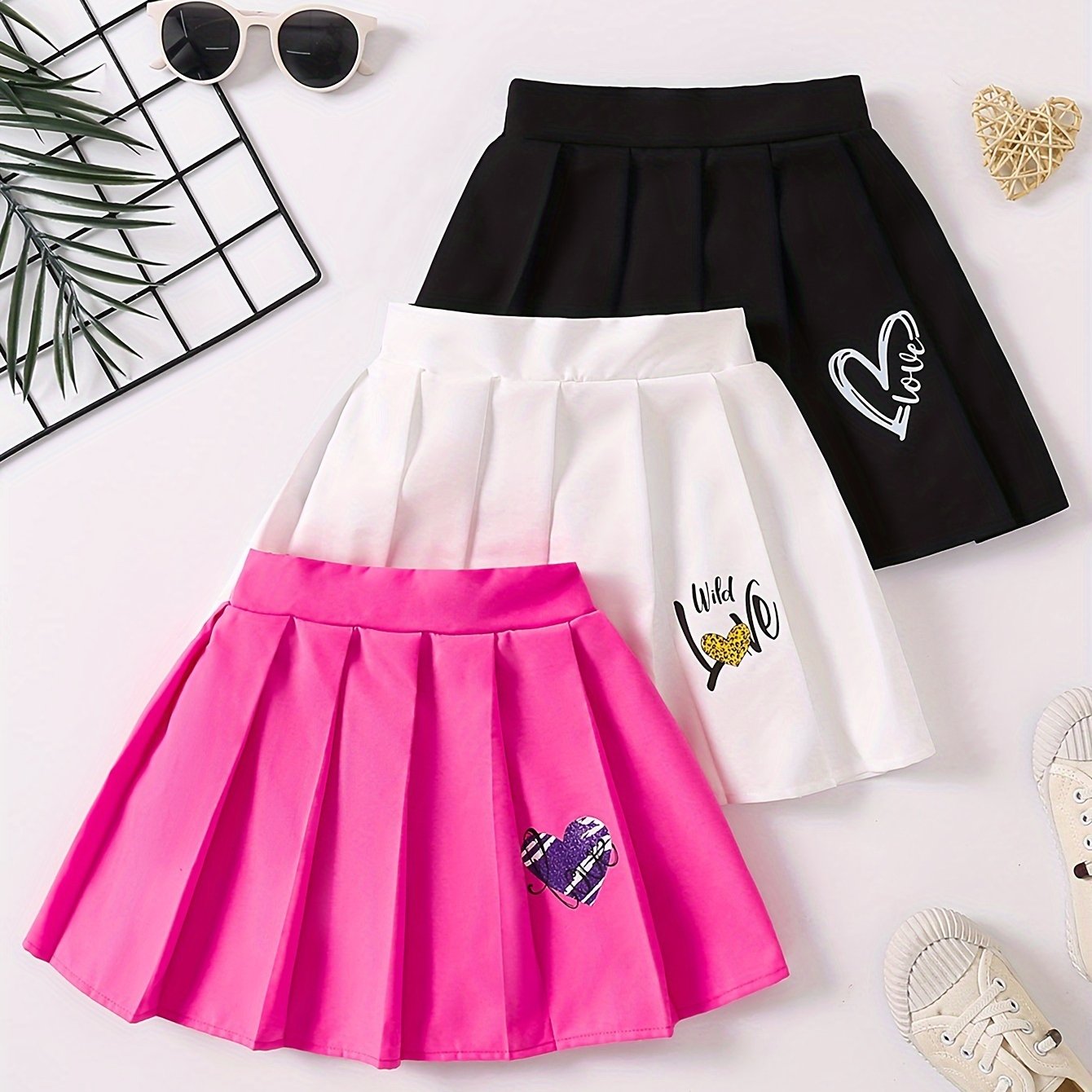 3pcs Girls Heart Graphic Pleated Skirt Set Preppy Style Party Gift