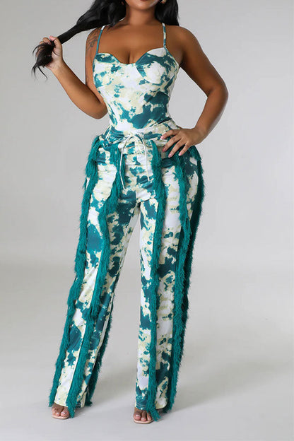 storexq Tie Dye Pretty Tassel Patchwork Pant Suit