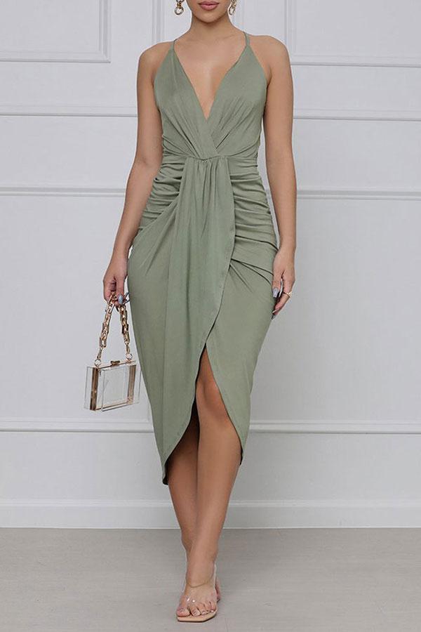 namcoverse Solid Color Romantic Ruched Layered Midi Dress