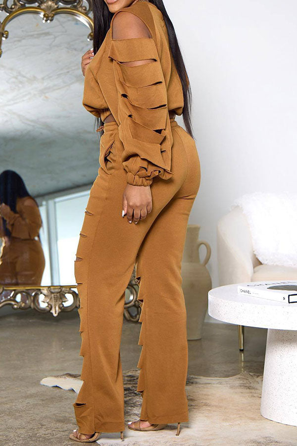 storexq Solid Color Burn-Out Unique Pant Suit