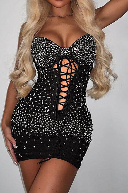 storexq Rhinestone Feminine Strappy Mini Dress