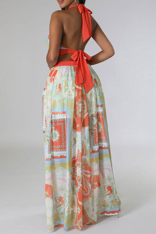 storexq Tribal Print Hot Cutout High Split Maxi Dress