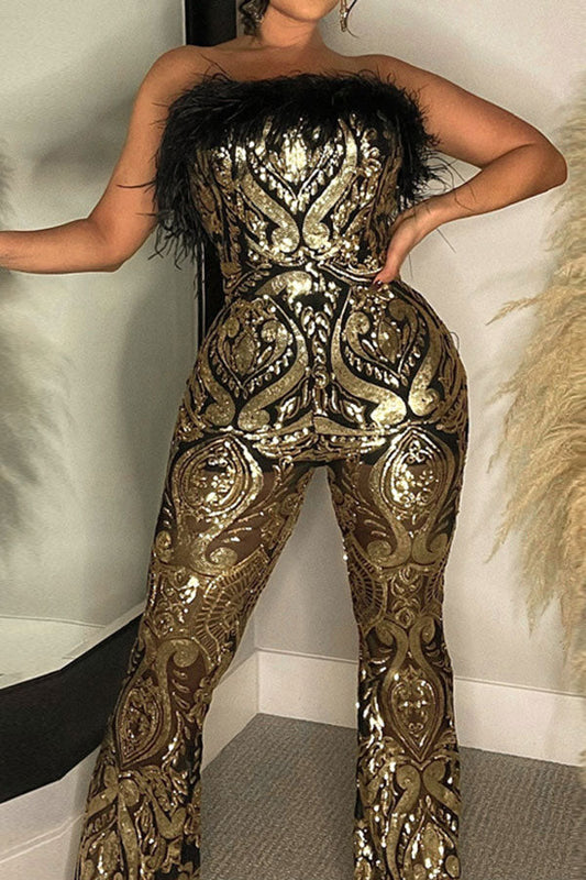 storexq Tribal Pattern Sequined Luxe Feather Trim Jumpsuit