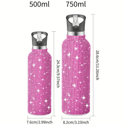 1pc Sparkling Studded Insulated Water Bottle - Stainless Steel Vacuum Flask with Lid for Hot and Cold Drinks - Portable, Leak-Proof, and Sweat-Free Design for Home, Outdoor, and Sports Use - Perfect Gift for Men and Women - 500ml/750ml