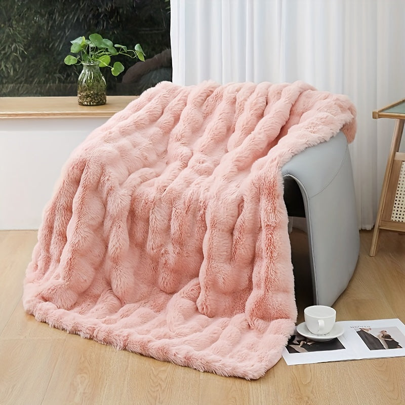 1pc, Tuscany Blanket, High-end Imitation Rabbit Blanket, Bubble Fleece Blanket, Double-sided Thickened Office Nap Blanket, Sofa Throw Blanket, Winter Warm Style, Four Seasons Universal Style