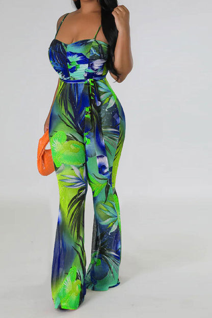 storexq Floral Print Romantic Belted Bell Bottoms Jumpsuit