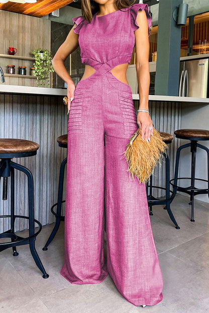 storexq Solid Color Ruffle Glamorous Cutout Waist Jumpsuit