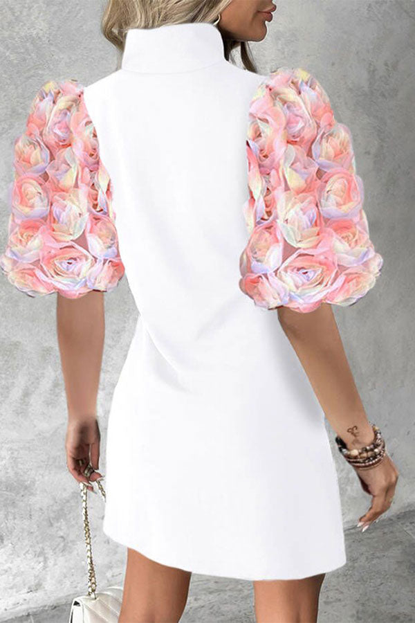 storexq Patchwork 3D Rose Decor Puff Sleeve Luxe Mini Dress