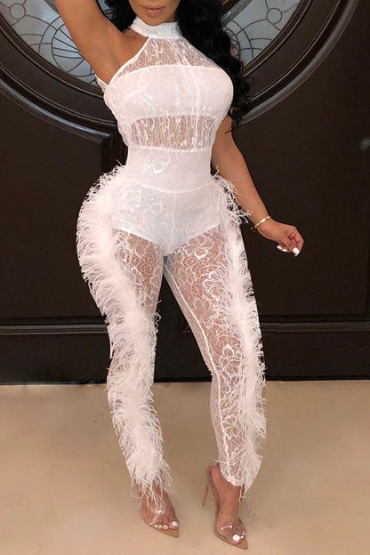 storexq Floral Lace Romantic Feather See-Through Jumpsuit