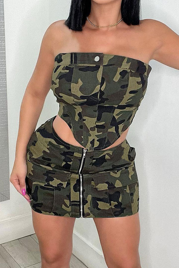 storexq Camouflage Flattering Zipper Irregular Dress Suit