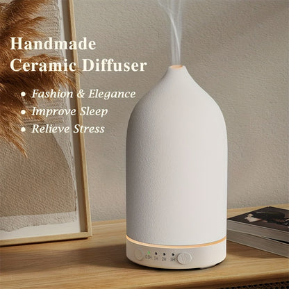 160ML Ceramic Essential Oil Diffuser - Aromatherapy Humidifier for Home Bedroom - Stone Pattern Yellow Wood Base, Air Purifying, Moisturizing, and Fragrance Diffusing