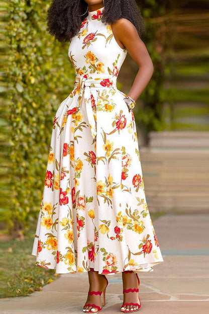 storexq Floral Print Sweet Belted Swing Midi Dress