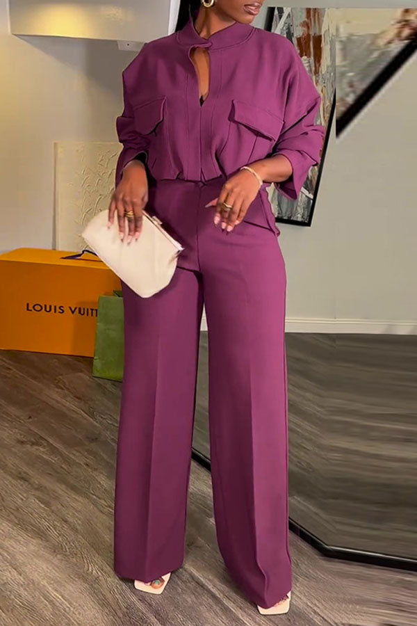 storexq Solid Color Modern Wide Leg Pant Suit