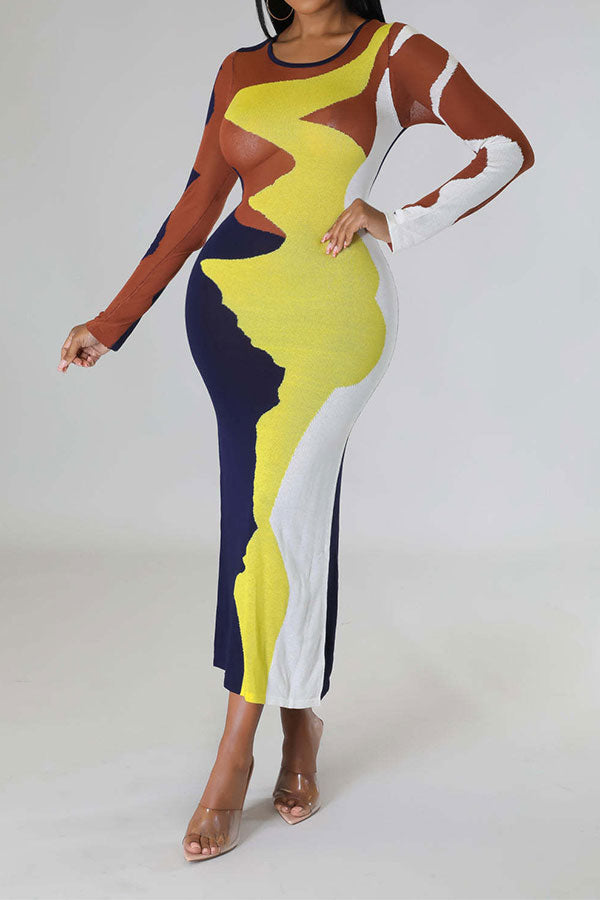 storexq Abstract Print Flattering Bodycon Midi Dress