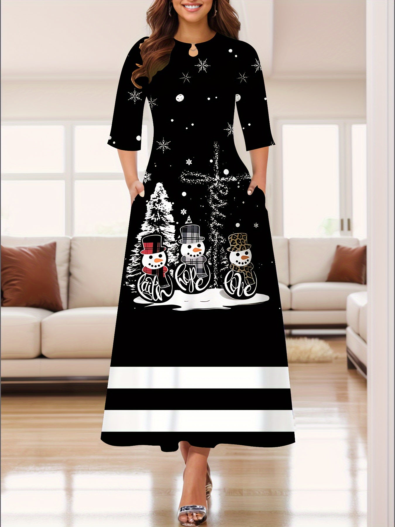 Seasonal Joy, Chic Christmas Snowman Print Midi Dress for Women - Casual Elegance with 3/4 Sleeves & Crew Neck, Stretchy Polyester Blend, Machine Washable