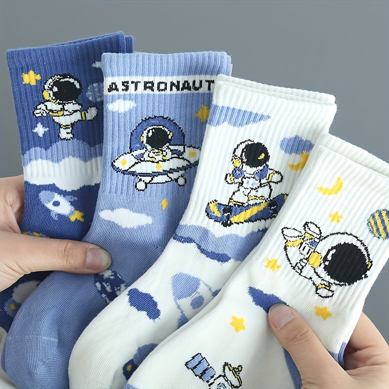 8 Pairs Of Kid's Fashion Cute Astronaut Pattern Crew Socks, Comfy & Breathable Soft & Elastic Sport Socks For Spring And Summer