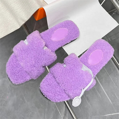 Designer fur slides Slippers for Warm and Cozy Winter Wool Slides Skin Soft Furry Sandals Winter Letters Warm Comfortable Fuzzy Girl Flip Flop Oran Slipper Women size