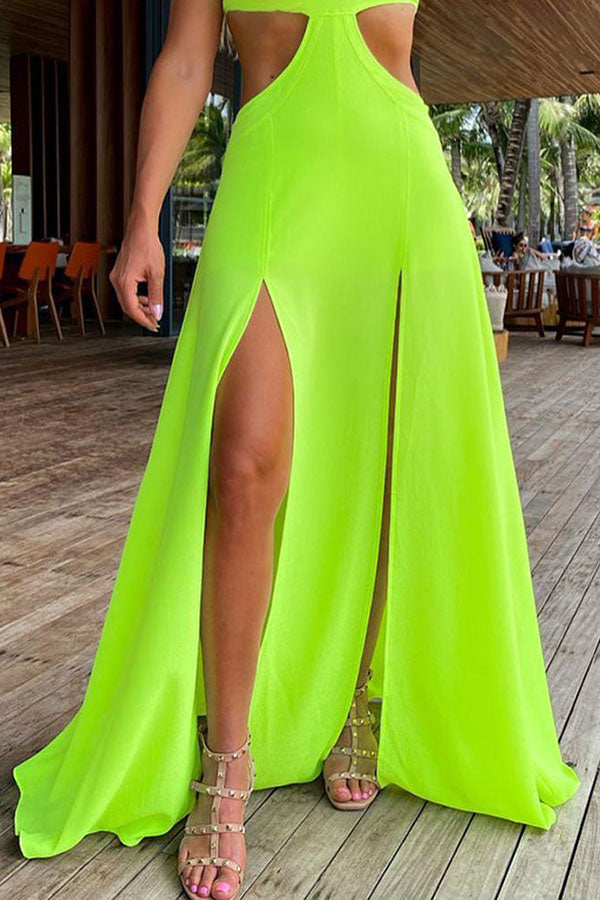 storexq Solid Color Modern Cutout Waist High Split Maxi Dress