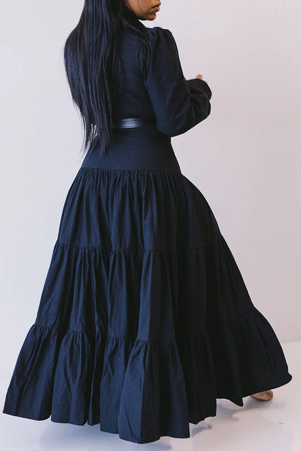 storexq Black Polo Neck Feminine Layered Ruffles Maxi Dress