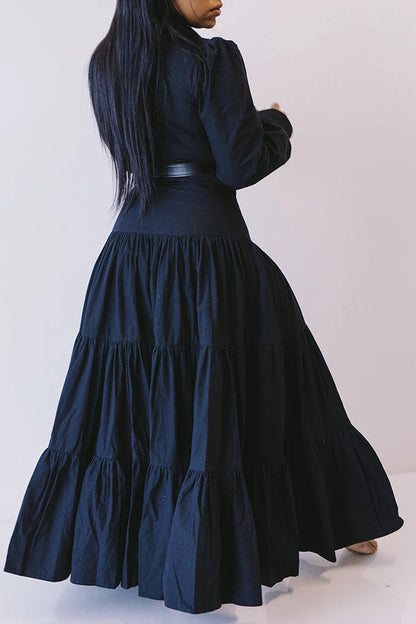 storexq Black Polo Neck Feminine Layered Ruffles Maxi Dress