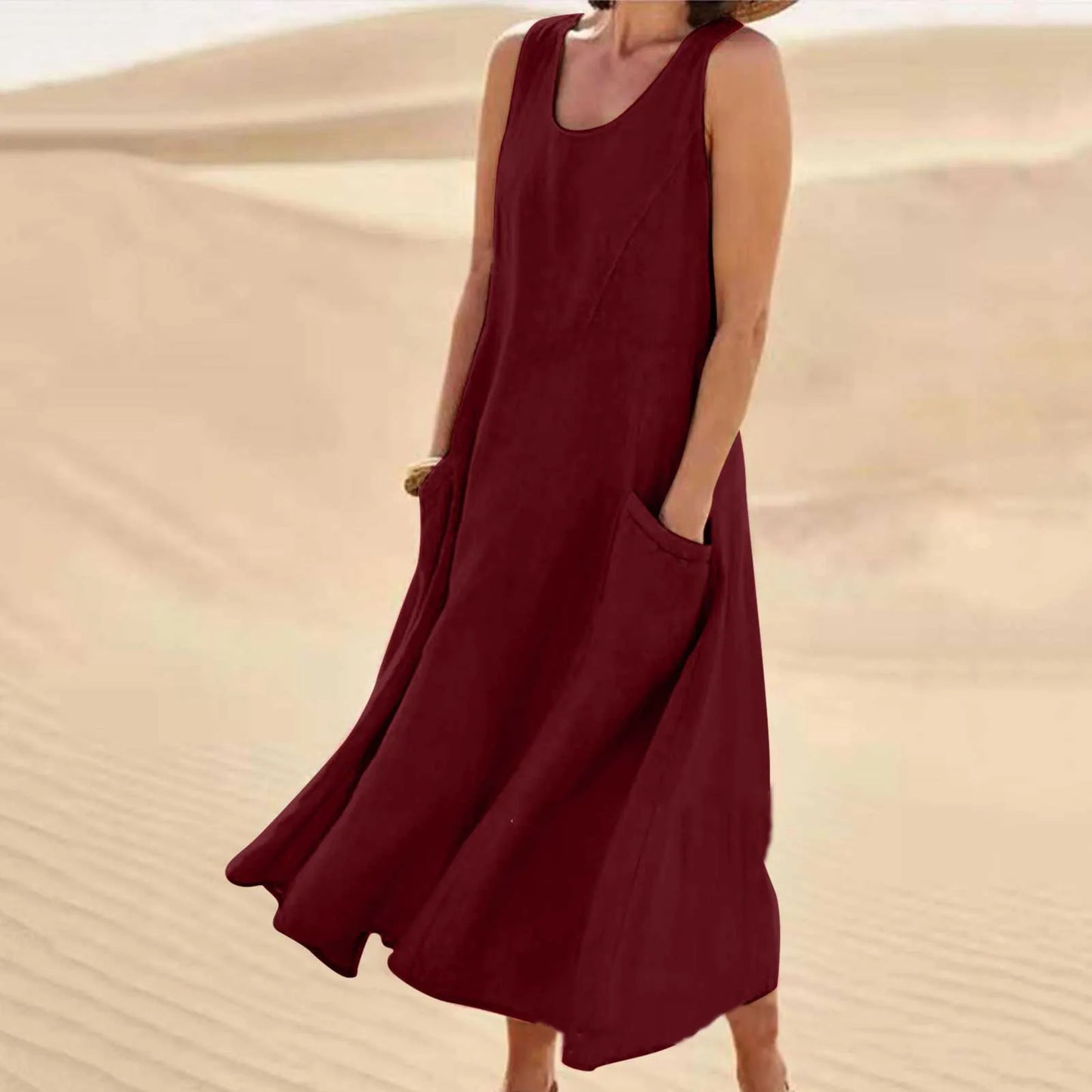 Summer women Casual Dresses pocket sleeveless round neck women's cotton linen dress loose home outdoor skirt cf0 9e0