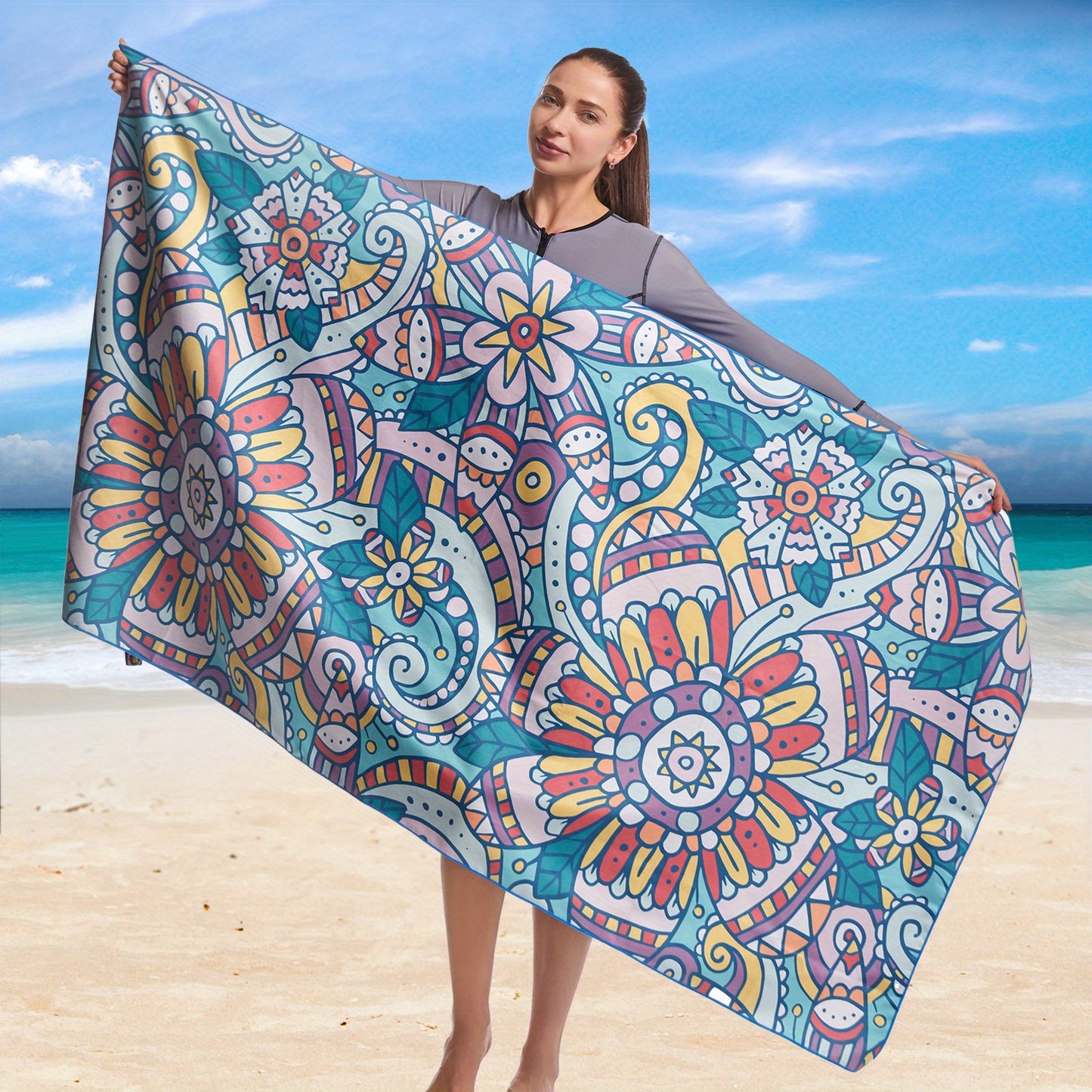 1Pc Bohemian Microfiber Beach Towel - Super Absorbent, Quick Drying, Sand Free, Compact, Outdoor Towel - 36*71inch/91.44*180.34cm, Carrying Bag Included, Ideal for Beach, Pool, Gym, Travel