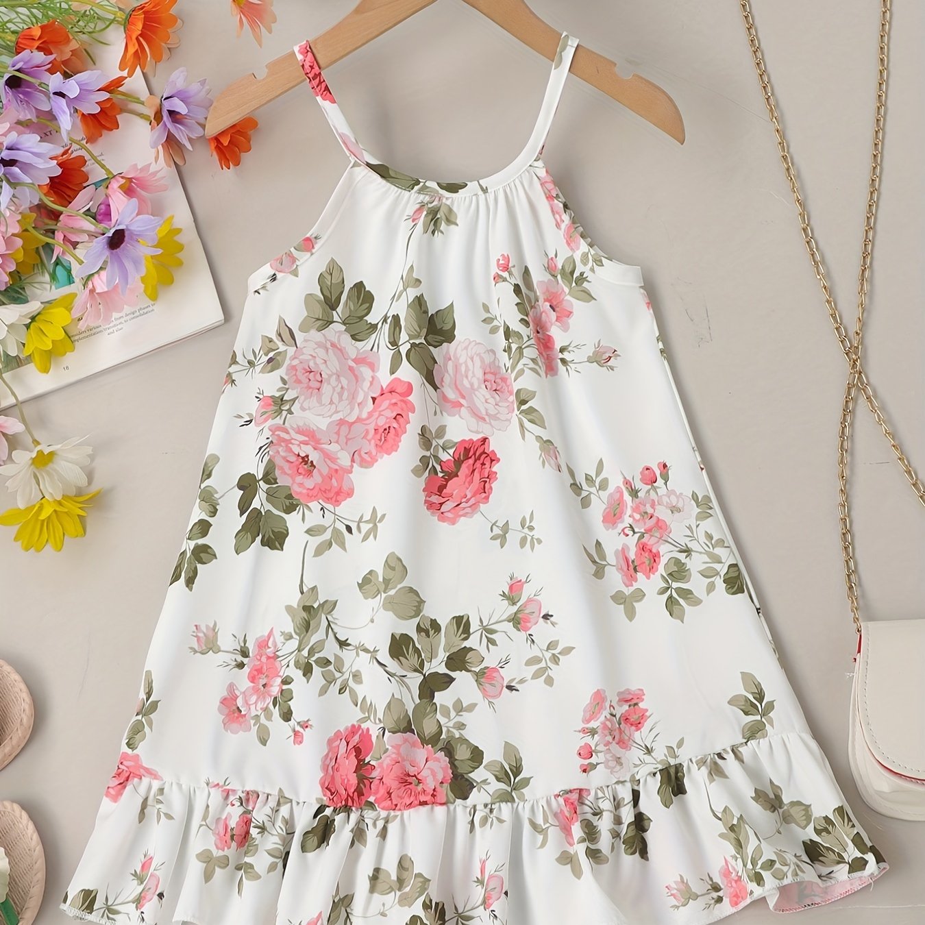 Girls Ruffle Hem Flower Graphic Cami Dress For Party Beach Vacation Kids Summer Clothes