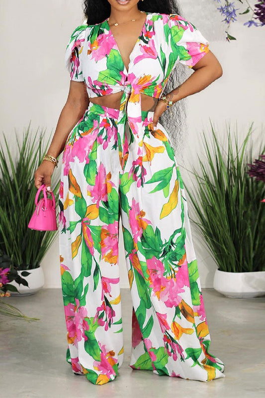 storexq Floral Print Tropical Lace-Up Wide Leg Pant Suit