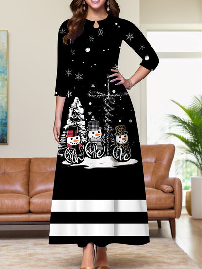 Seasonal Joy, Chic Christmas Snowman Print Midi Dress for Women - Casual Elegance with 3/4 Sleeves & Crew Neck, Stretchy Polyester Blend, Machine Washable