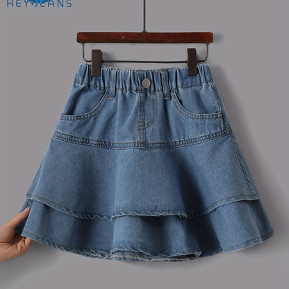 Tiered Ruffle Skirt - Soft Cotton Denim, Stretchy Elastic Waistband, Adorable Button Accents - Perfect for Girls, Latest Summer  Fashion, Cute and Playful Style, Youthful Casual Wear