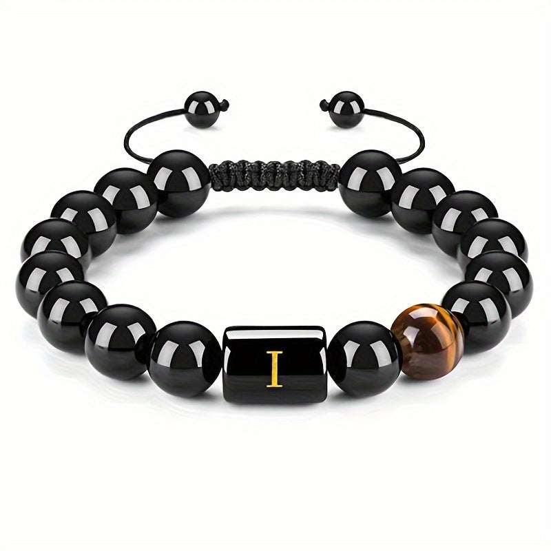 1pc Stunning 26-Letter 10MM Synthetic Stone Bead Adjustable Rope Chain Woven Bracelet - Fashionable Accessory for Men and Women - Ideal Gift for Friends and Family - Durable and Comfortable to Wear