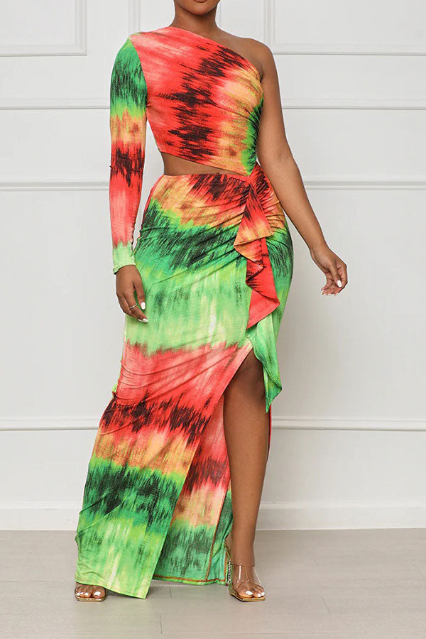 namcoverse Tie Dye Colorful Ruffle Asymmetric Maxi Dress