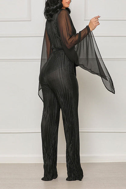 storexq Solid Color Chic Belted Pleated Jumpsuit