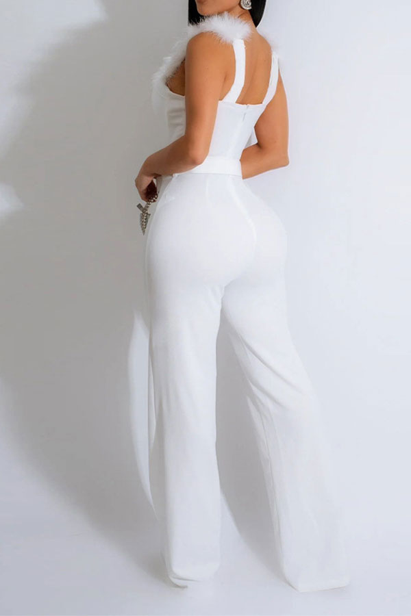 storexq Feather & Rhinestone Strap Glamorous Belted Jumpsuit