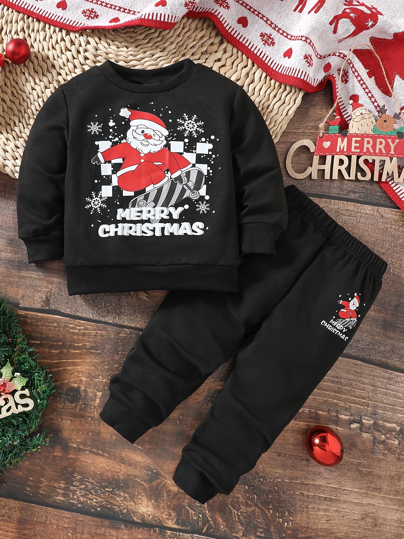 Boys' Christmas Santa Claus Letter Print Long Sleeve Sweatshirt And Pants Set, Polyester Knit, Regular Fit, Cartoon Pattern, Party Style, Toddler Newborn Outfit for Fall/Winter, for Outdoor