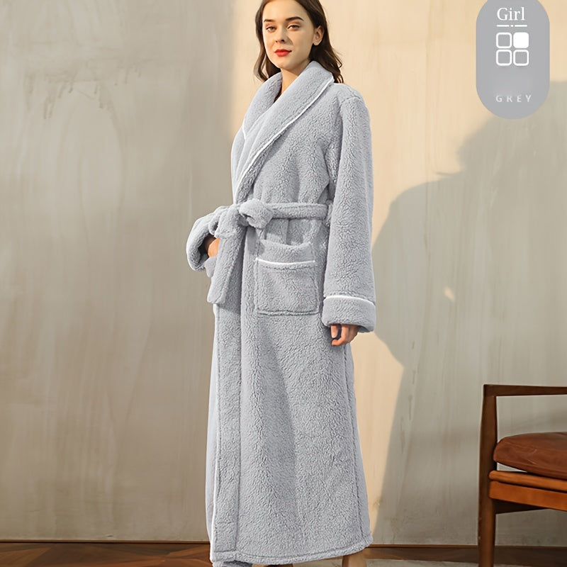 1pc Luxurious Autumn Winter Bathrobe - Plush Unisex Pajamas, Extra Thickened & Warm, Large Size Long Sleeve Robe with Handy Pockets - Ultimate Cozy Home Wear for Indoor Comfort, Essential Bathroom Supplies