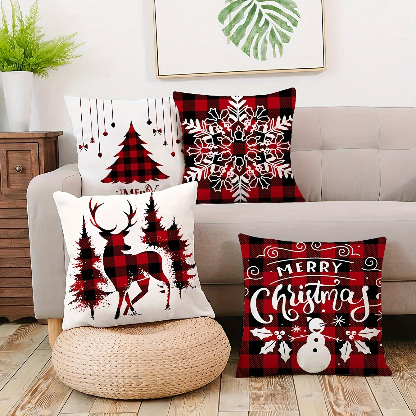 4pcs, Ultra soft pillowcase, Reindeer Christmas tree pattern pillowcase, Christmas style, Single side printing, 17.7 inches * 17.7 inches, 15.7 inches * 15.7 inches, Suitable for sofa, living room, bedroom home decoration, No pillow core