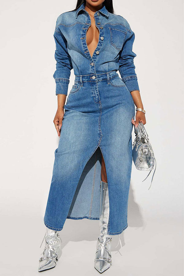 namcoverse Blue Gradient Denim Classic High Split Midi Dress