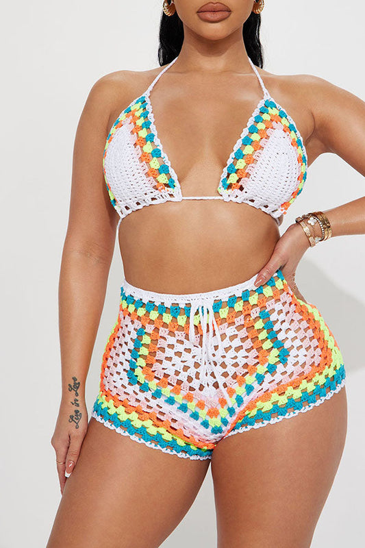 storexq Colorful Crochet Hot Halter Collar Pant Suit