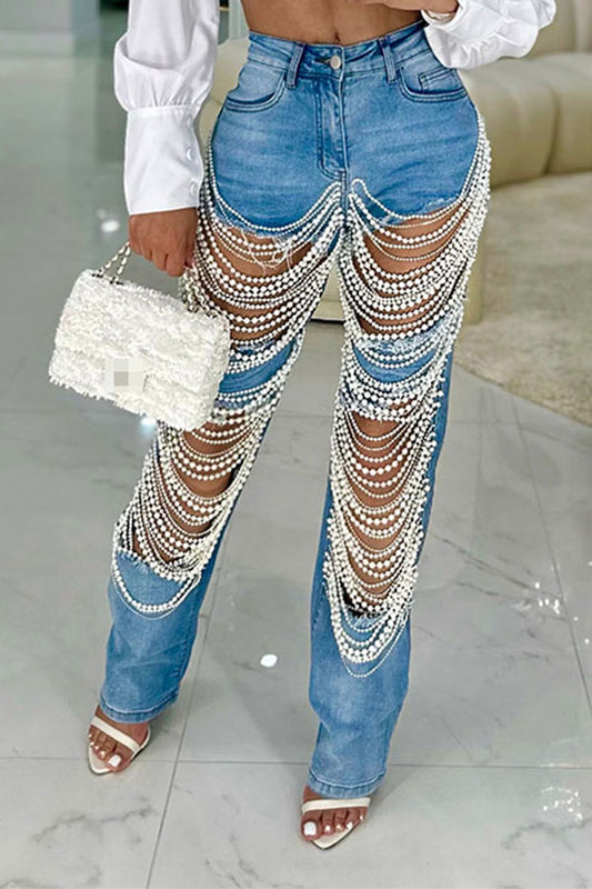 storexq Ripped Multi-layer Beaded Decor Striking Washed Jeans