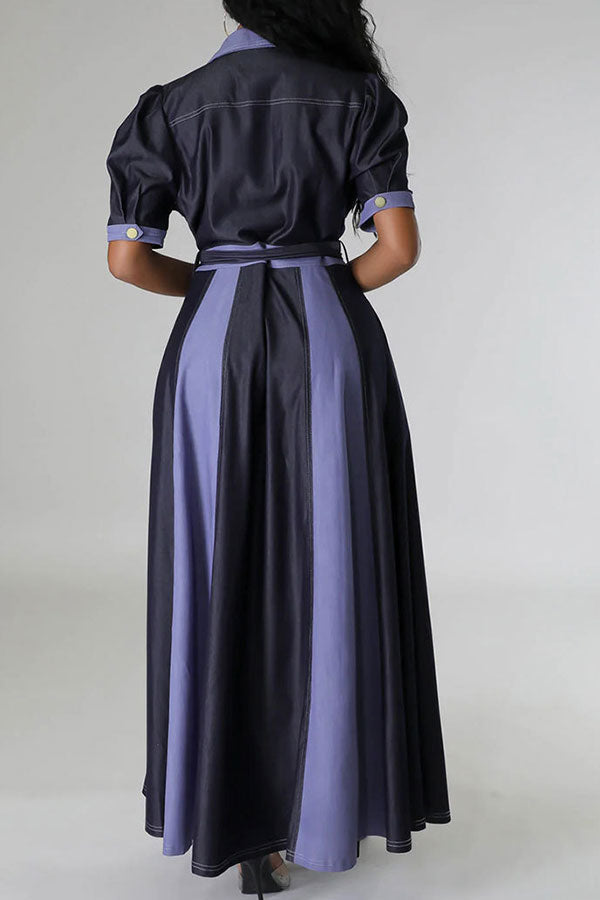 storexq Color Block Patchwork Classic Belted Maxi Dress