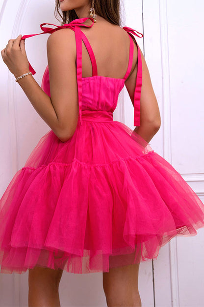 storexq Solid Color Tie Shoulder Girly Tulle Bubble Mini Dress