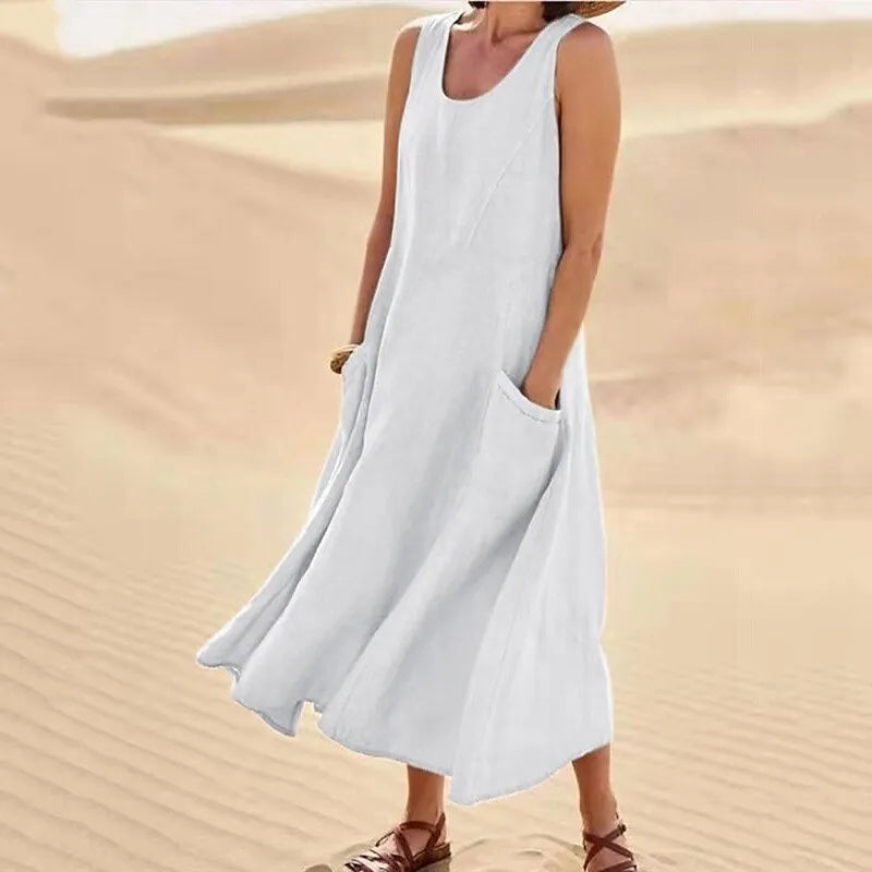 Summer women Casual Dresses pocket sleeveless round neck women's cotton linen dress loose home outdoor skirt cf0 9e0